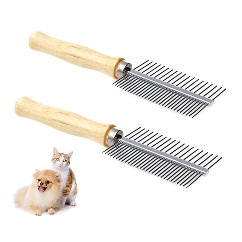 Pet Grooming Comb, 2 Pieces Stainless Steel Double Sided Cat Dog Comb Hair Brush Kitten Puppy Flea Comb with Wooden Handle - PawsPlanet Australia