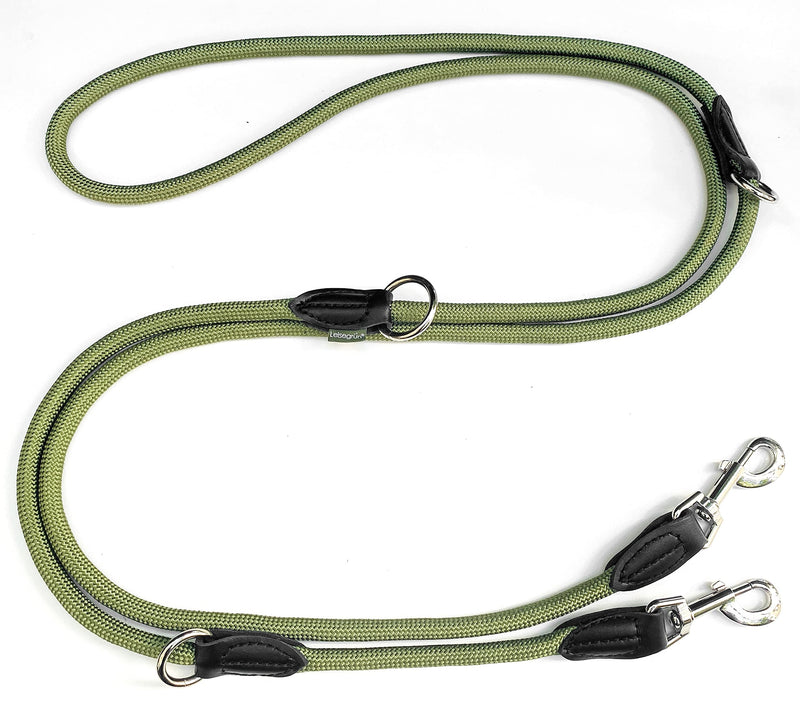 Quiet green dog leash 3m adjustable for large & medium dogs | Paracord leash | Nylon double leash with 2 carabiners | 3 meters long | Model Derby | Olive green Green Forest 3 m x 1.1 cm - PawsPlanet Australia