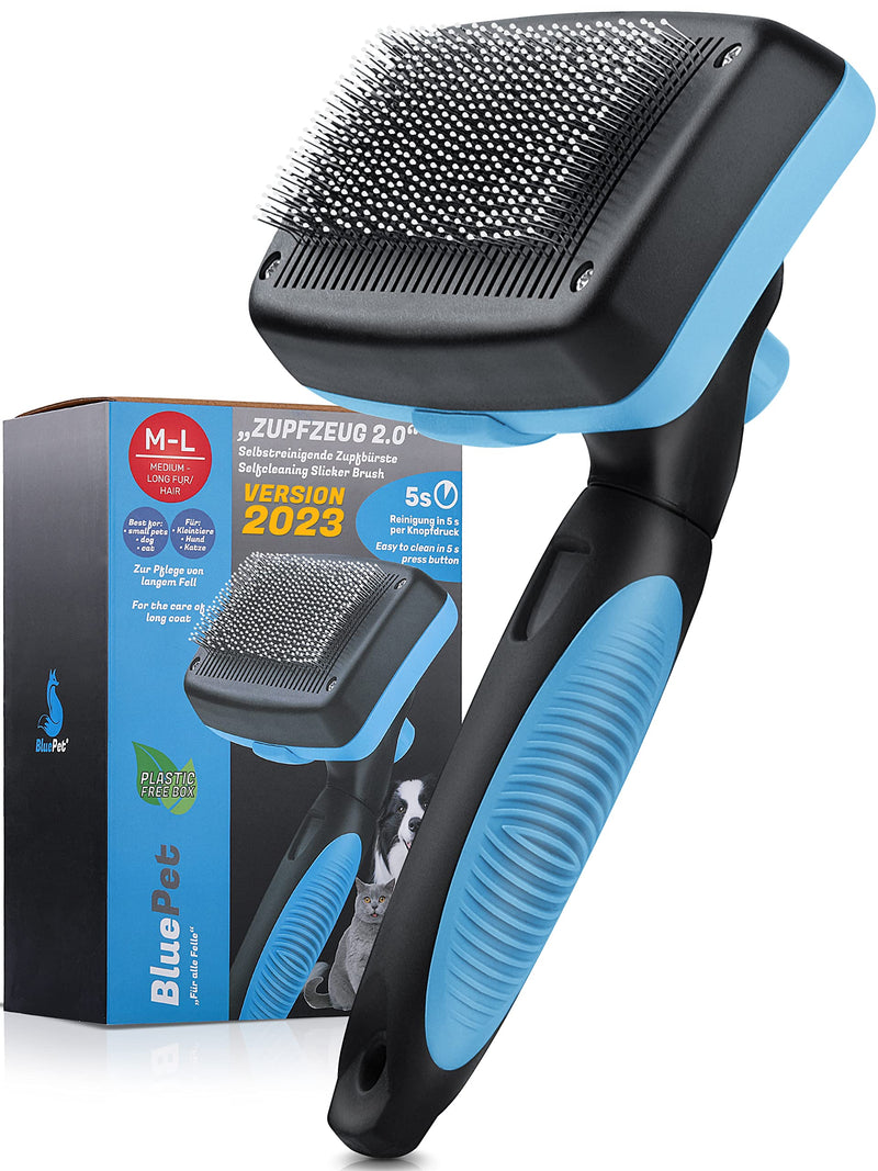 BluePet Dog Brush & Cat Brush for Long Hair - Gently Removes Undercoat, Tangles & Knots - Plucking Tool Version 2023 with Cleaning Button - For Daily Use (Blue) Blue - PawsPlanet Australia