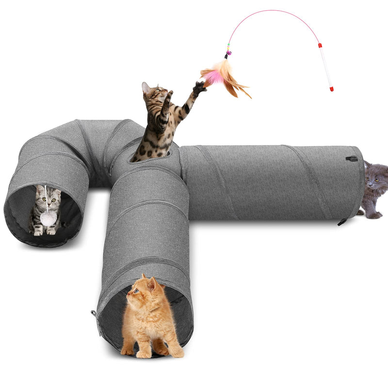 Ownpets Cat Tunnel, 3-Way Cat Tunnel, Fabric Cat Tunnel with Ball and Cat Teaser, Expandable and Foldable Cat Tunnel, Play Tunnel for Cats, Puppies, Rabbits, Gray U-Ways L-120CM, Dia-25CM - PawsPlanet Australia