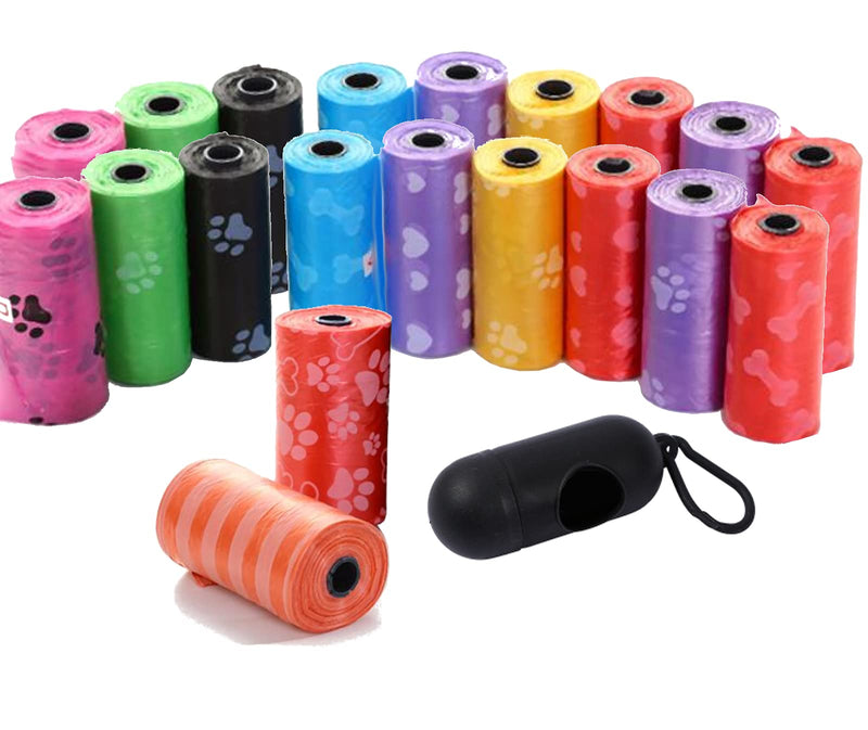 300x dog waste bags colorful with print 30 x 22 cm (20 rolls with 15 bags) + bag dispenser with leash clip black 300 bags - PawsPlanet Australia