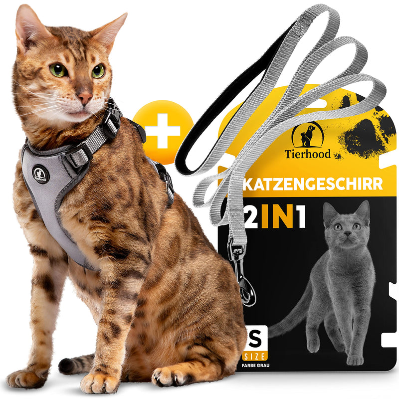 Tierhood - cat harness [WITHOUT PULLOVER] - incl. leash - for small & large cats - harness set with leash - harness - cat harness - cat harness with leash escape-proof (S, grey) S (neck circumference 22-27cm) (chest circumference 31-41cm) - PawsPlanet Australia