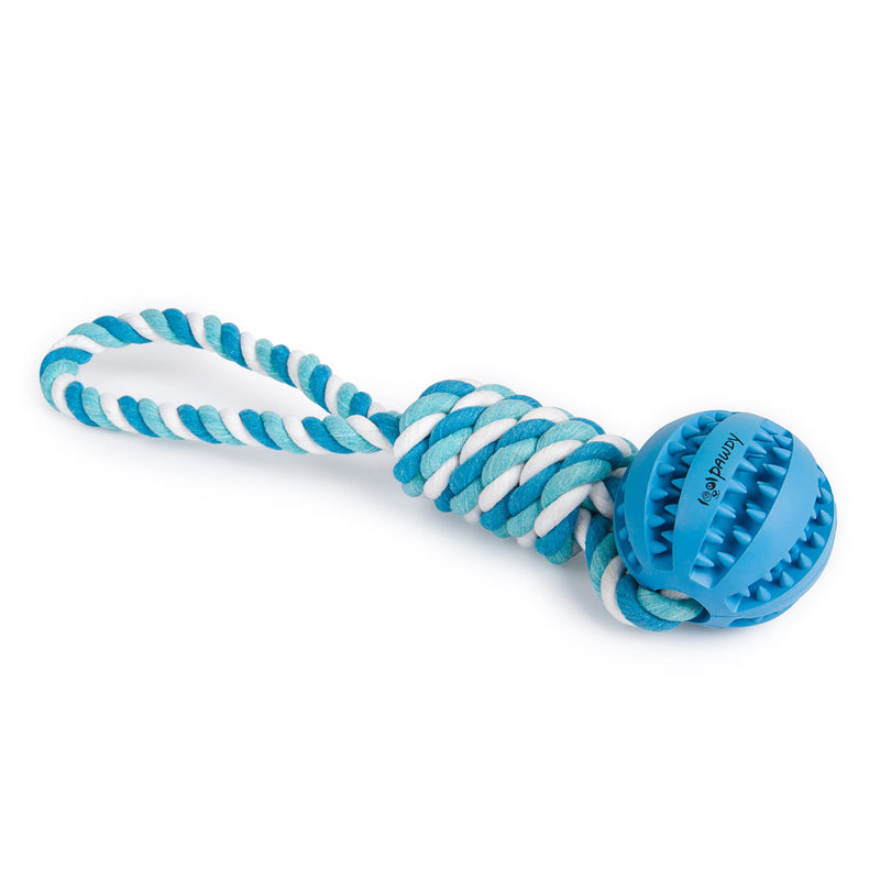 PAWDY dog rope with ball for fun and dental care - Robust dog toy for medium & large dogs - Chew toy with nubs made of natural rubber - Ball rope throwing toy for dogs (blue) Blue - PawsPlanet Australia