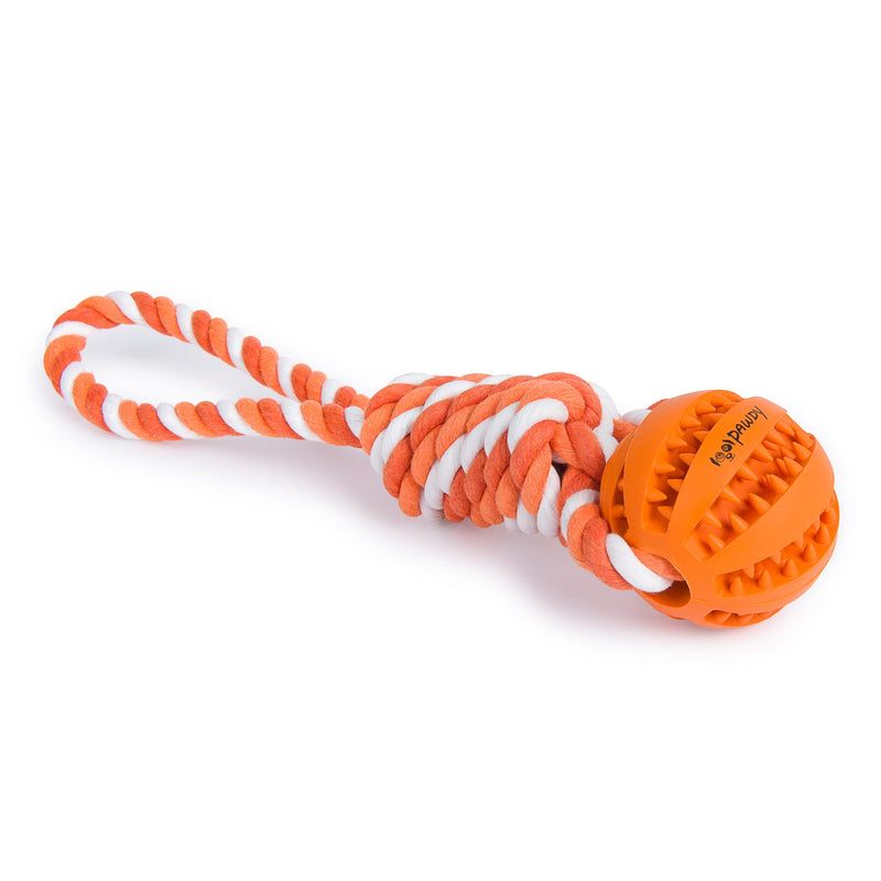 PAWDY dog rope with ball for fun and dental care - Robust dog toy for medium & large dogs - Chew toy with nubs made of natural rubber - Ball rope throwing toy for dogs (orange) Orange - PawsPlanet Australia