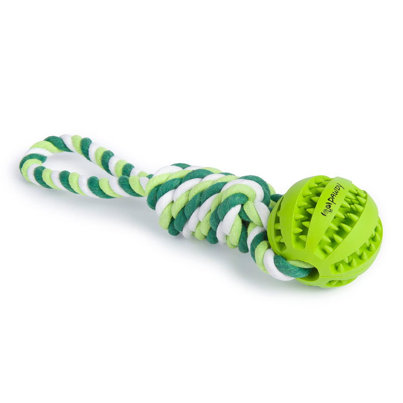 PAWDY dog rope with ball for fun and dental care - Robust dog toy for medium & large dogs - Chew toy with nubs made of natural rubber - Ball rope throwing toy for dogs (green) Green - PawsPlanet Australia