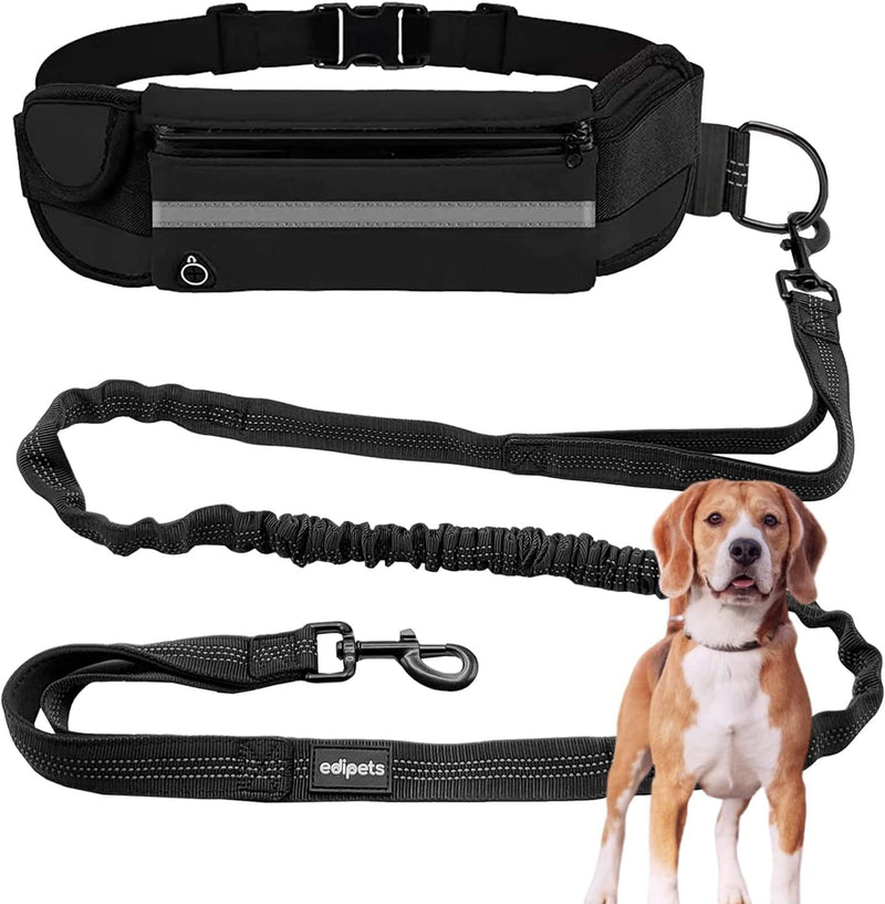 Edipets, Dog Jogging Lead, Hands-Free, Running, Hiking, Webbing, Anti-Stress, Reflective, 160-220 cm (Black) Black - PawsPlanet Australia