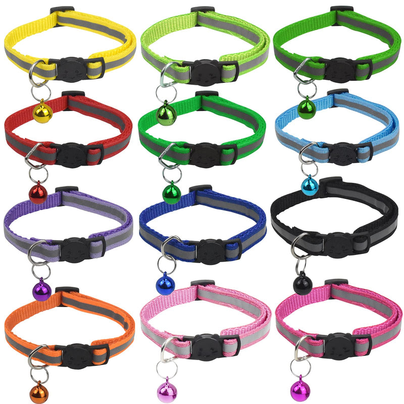 Pack of 12 Reflective Cat Collars with Collar Cat with Safety Clasp Pet Collar with Bell Adjustable Cat Collars Puppy Collars Cat Collars Adjustable 19-32cm - PawsPlanet Australia