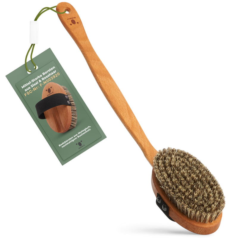 Sustainable body brush: bath brush made of wood and natural bristles (sisal & horsehair). Body Brush, Long Handle Back Brushes, Wet Brush & Dry Brush. 100% German production. MEDIUM-STRONG bristles (bristles made of sisal & horsehair) - PawsPlanet Australia