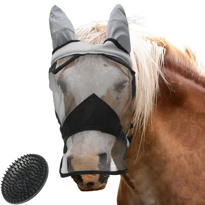 valuents fly mask for horses in gray - fly hood - nostril protection - UV protection - in 4 sizes for thoroughbred +Plus: horse brush M - thoroughbred - PawsPlanet Australia