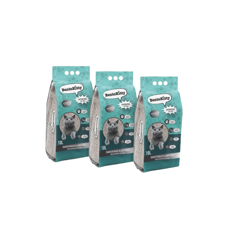 BentoKitty cat litter (26.1kg, 30L, pack of 3) with activated carbon, clumping, white, fine-grained, clumping litter made of bentonite, suitable for sensitive cat paws 30L (pack of 3) - PawsPlanet Australia