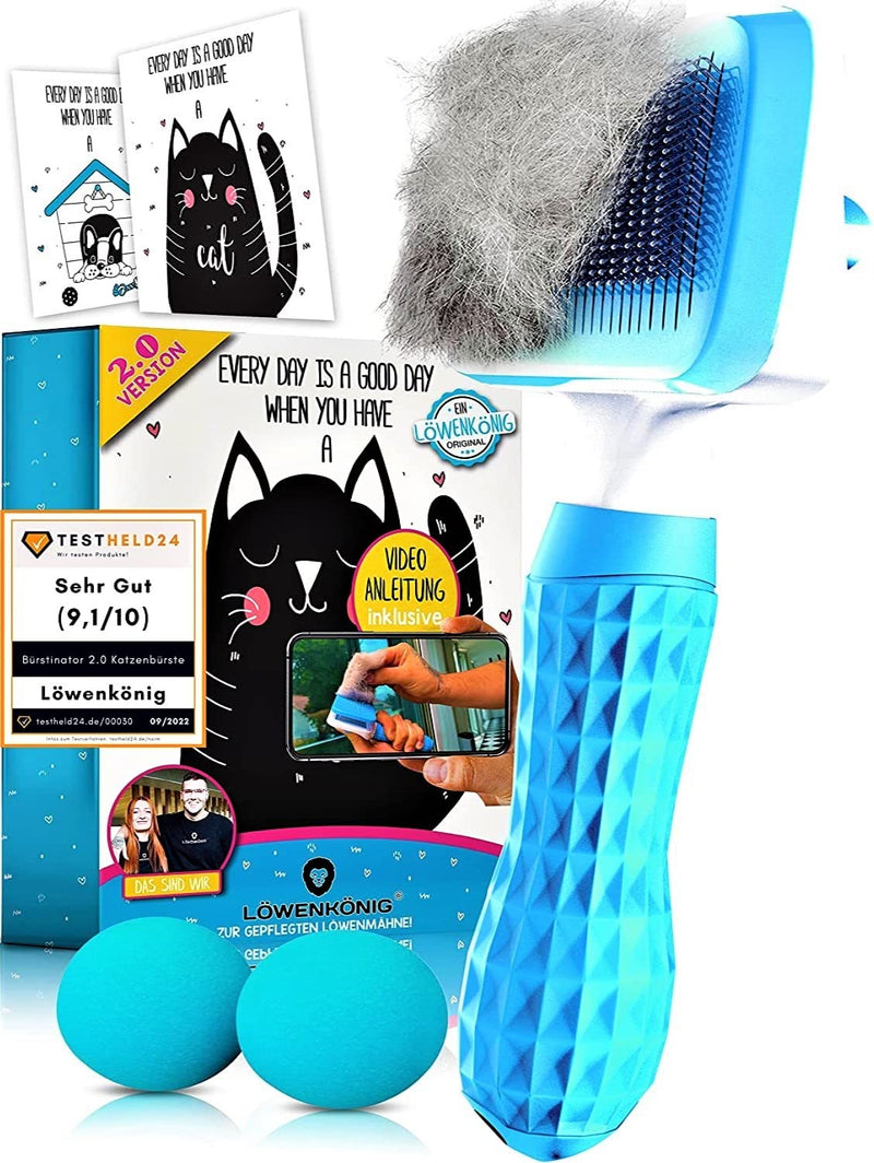 LÖWENKÖNIG® BÜRSTINATOR 2.0 Premium cat brush & dog brush Self-cleaning for short-haired & long-haired animals I Pet brush large, fur brush removes loose undercoat & matted dog & cat hair Bestseller: Bürstinator 2.0 in blue - PawsPlanet Australia