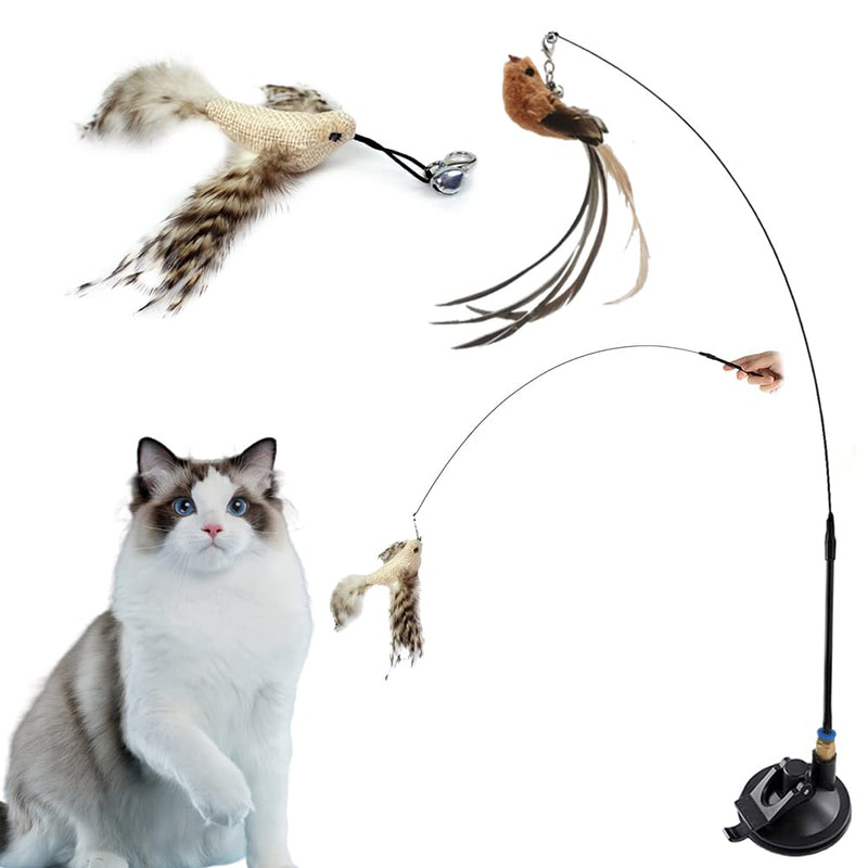 ZDQC Cat bell wand, cat fishing rod suction cup, cat fishing rod with feathers and bells, cat bell magic wand, interactive cat toy feathers (bird lifelike + strong suction cup) C - PawsPlanet Australia