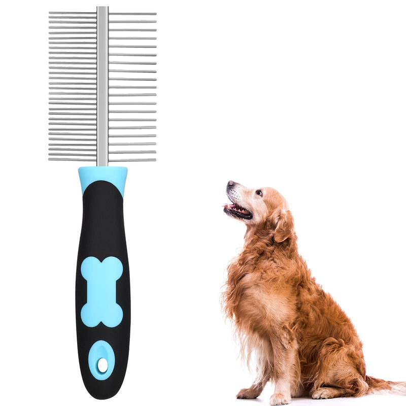 Dog Comb, Cat Comb with Double-Sided Metal Rounded Teeth, Stainless Steel Pet Grooming Comb Brush Against Fleas Undercoat, Fur Comb for Pets with Short, Medium/Long Hair (Blue) Blue - PawsPlanet Australia