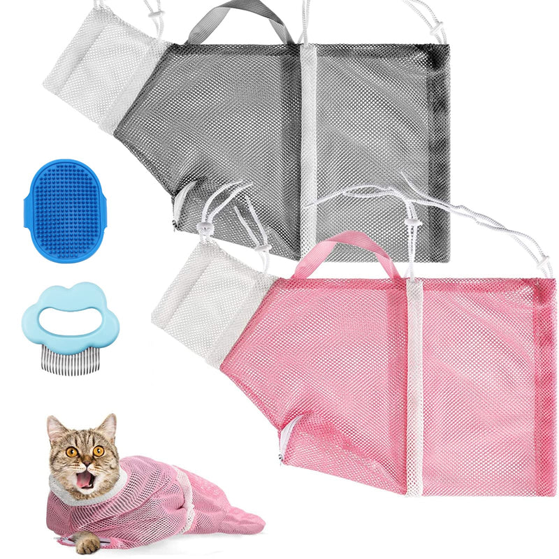 Cat Bathing Bag Cat Shower Net Bag, Breathable, Multifunctional, Adjustable, Bite and Scratch Resistant, with Cat Comb and Fur Brush for Bathing/Nail Trimming/Ear Cleaning - PawsPlanet Australia