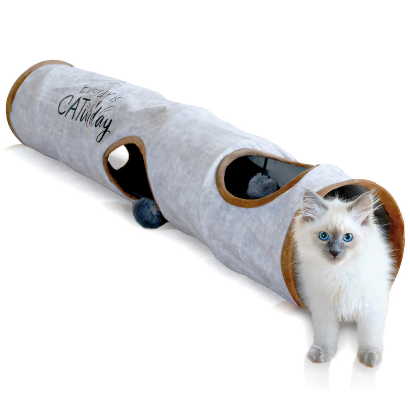 KaraLuna Premium Cat Tunnel 120 x 24 cm I 3 Peepholes & Play Balls I Cat Play Tunnel Foldable Cat Toy Cat Tunnel Rustling Tunnel Cave Roll Cat Tunnel Cat Gray Rabbit XXL - PawsPlanet Australia