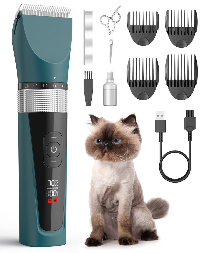 oneisall Cat Clipper Quiet, Professional Hair Clipper for Long-Haired Cats, 5-Speed Cat Razor with LCD Display, IPX6 Waterproof, Easy to Clean (Green) Green - PawsPlanet Australia
