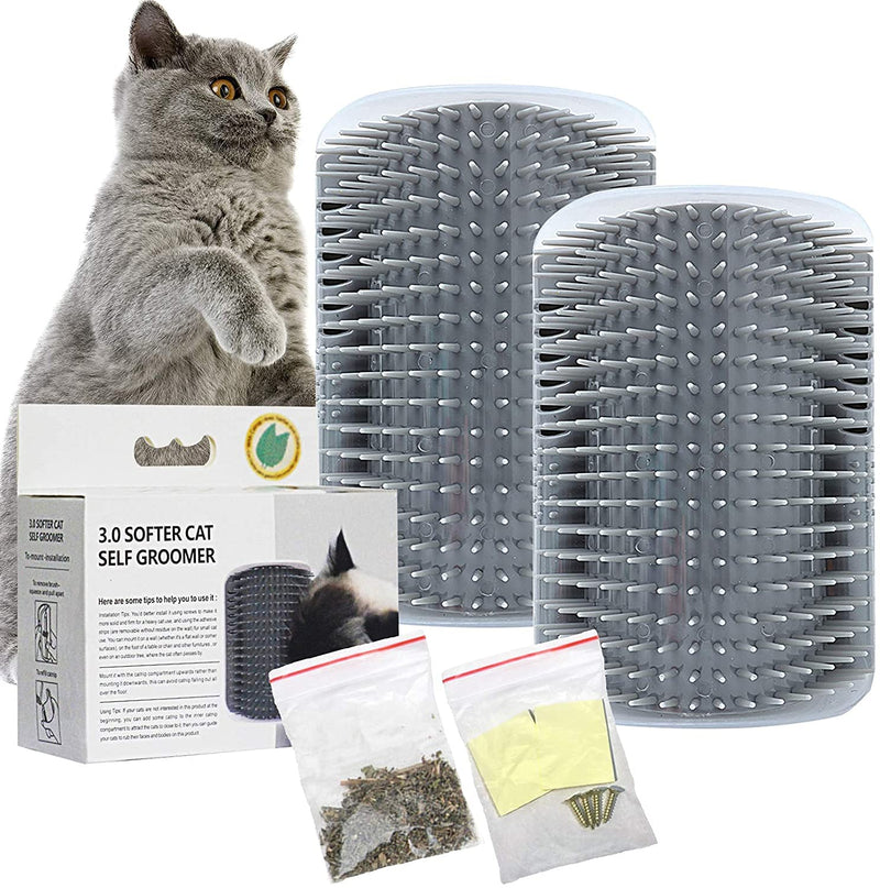 JEFFOUOO Pack of 2 Cat Self Groomer, Massage Corner Cat, Cat Brush Cat Self Groomer, Cat Brush Wall Corner with Packs of Catnip & Screws for Long Hair Short Hair Cat Massage, Grey - PawsPlanet Australia