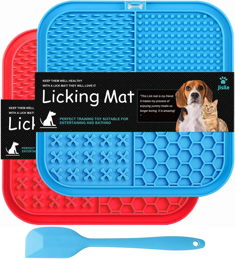 Dog lick mat, pack of 2, large with super strong suction power, with 1 silicone spatula, for dog bathing, training, grooming & claw care, BPA-free blue & red - PawsPlanet Australia