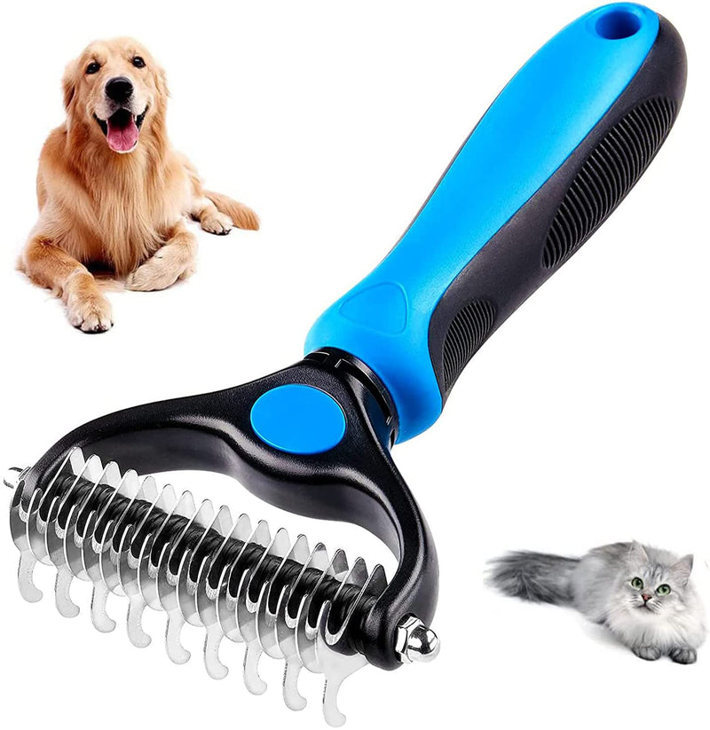 Dog Brush Cat Brush, 2 Sided Undercoat Rake for Cats and Dogs, Safe Hair Removal Comb for Easily Removing Mats and Tangles Blue - PawsPlanet Australia
