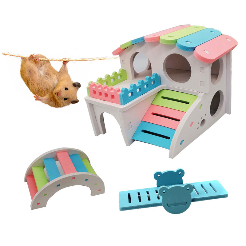WSNDM Pack of 3 Hamster Toys, Hamster House DIY, Natural Wood Ecological Rainbow Bridge, Colorful Arch Bridge, DIY Holiday Houses Climbing and Playing Small Animal Toy Block House for Hamsters - PawsPlanet Australia