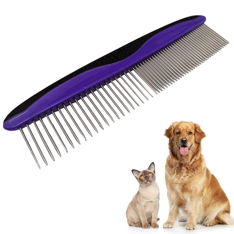 Metal Dog Comb, Stainless Steel Pet Comb Pet Grooming Comb Rounded Teeth Dog Comb for Large, Medium and Small Dogs and Cats with Tangled Short Long Hair (Purple) Purple - PawsPlanet Australia