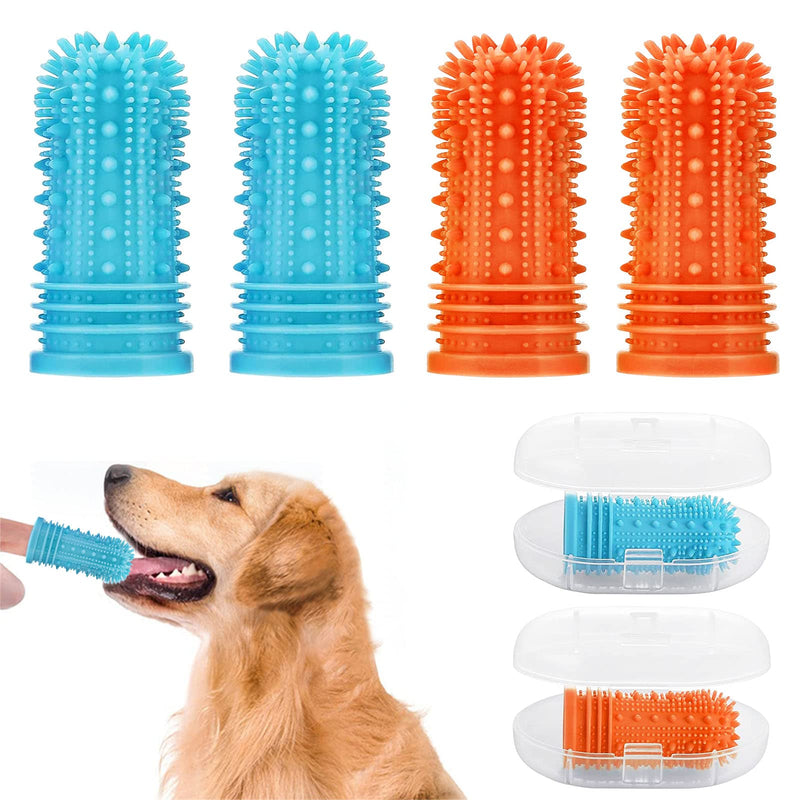 Dog Toothbrush Dog Finger Toothbrush Pack of 4 for Dogs, Cats, Puppies Dental Care & Fresh Breathing, Silicone, Fully Surrounded Bristles, Reusable with Storage Box 2 Blue + 2 Orange - PawsPlanet Australia
