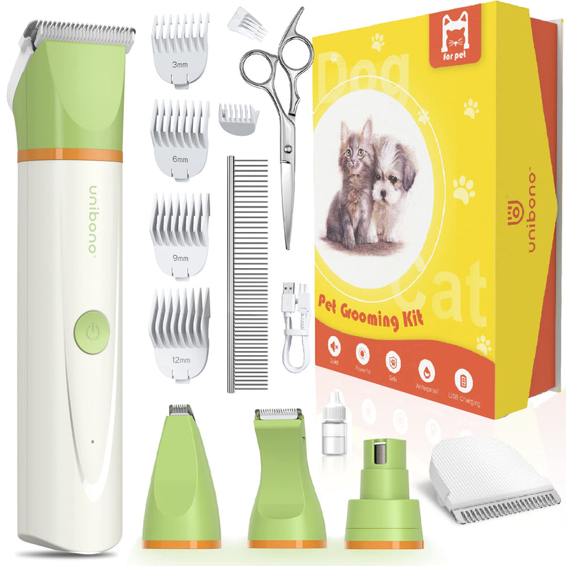 Unibono Quiet Dog Clipper Cat Razor Complete Set, Rechargeable Dog Cat Clipper with 4 Multifunctional Cutting Heads for Paws, Eyes, Ears, Face, Body, IPX7 Waterproof Green - PawsPlanet Australia