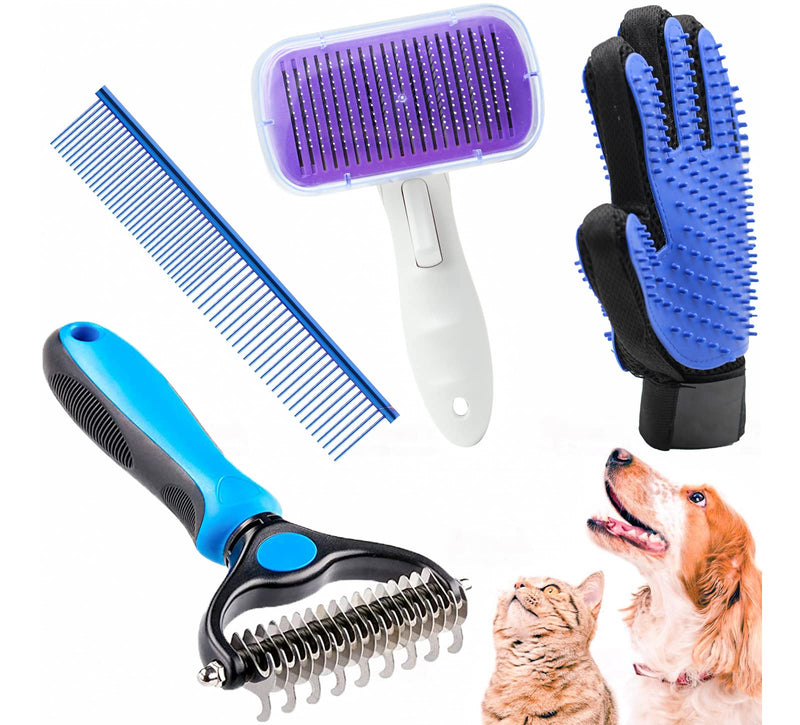 Crafterlife Pet Grooming Tools Set Kit with Self Cleaning Slicker Brush Pet Hair Remover Massage Mitt Deshedding Glove Shedding Dematting Comb Stainless Steel Comb for Long & Short Haired Cats Dogs Blue, Purple - PawsPlanet Australia