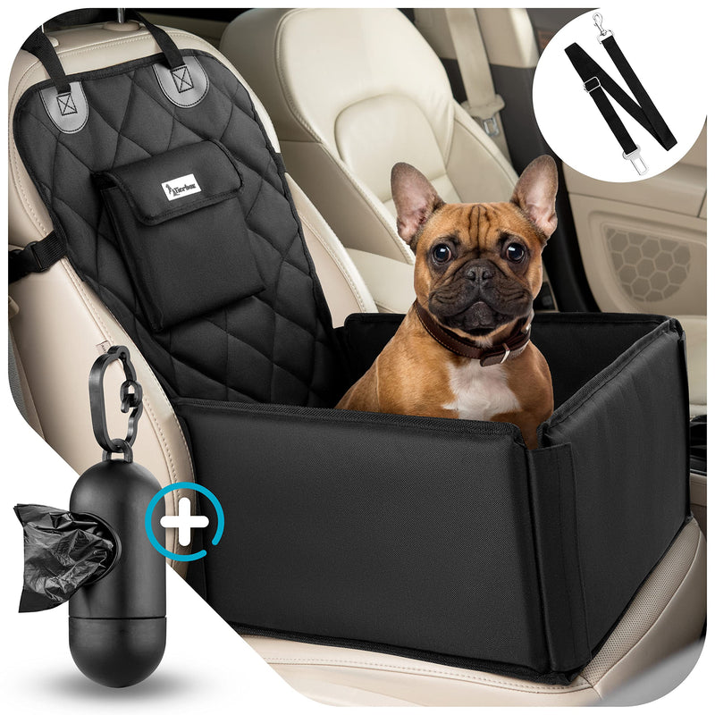 TIERBOX Premium Set Dog Car Seat with Seat Belt, Dog Poop Bag Dispenser and Leash Clip + 20 Garbage Bags, Transport Box for Small to Medium Dogs as Car Accessories (Black) - PawsPlanet Australia