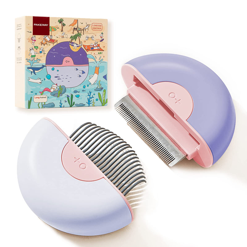 2 in 1 cat brush dog brush pet self-cleaning fur brush, removes tangles undercoat and relaxing massage, cat comb especially suitable for long hair purple & pink - PawsPlanet Australia