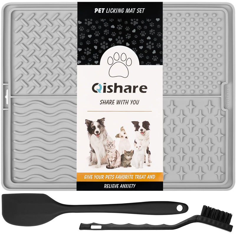 Qishare Dog Lick Mats with 1 Spatula + 1 Brush for Easier Cleaning, Peanut Butter Lick Mat with Suction Cup, Suitable for Bathing and Grooming Pets (Gray) Gray - PawsPlanet Australia