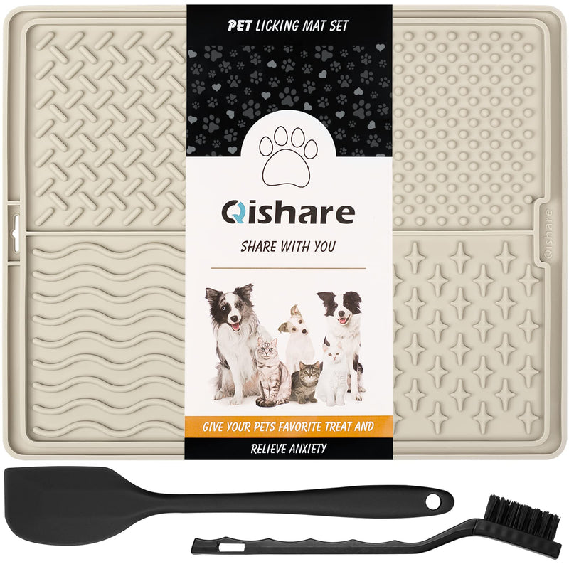 Qishare Dog Lick Mats with 1 Spatula + 1 Brush for Easier Cleaning, Peanut Butter Lick Mat with Suction Cup, Suitable for Bathing and Grooming Pets (Beige) Beige - PawsPlanet Australia