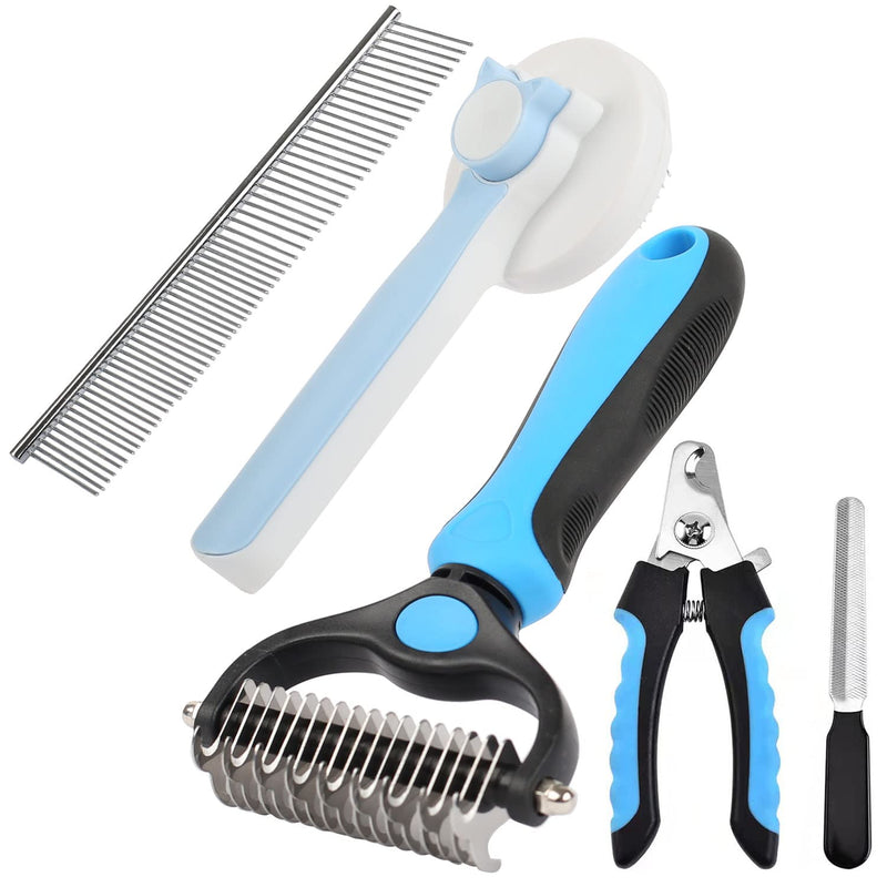 Pet Grooming Brush 5 in 1, Double Sided 9+17 Stainless Steel Undercoat Brush with Dog Comb and Claw Trimmer, Animal Hair Brush for Large, Medium, Small Dogs and Cats - PawsPlanet Australia