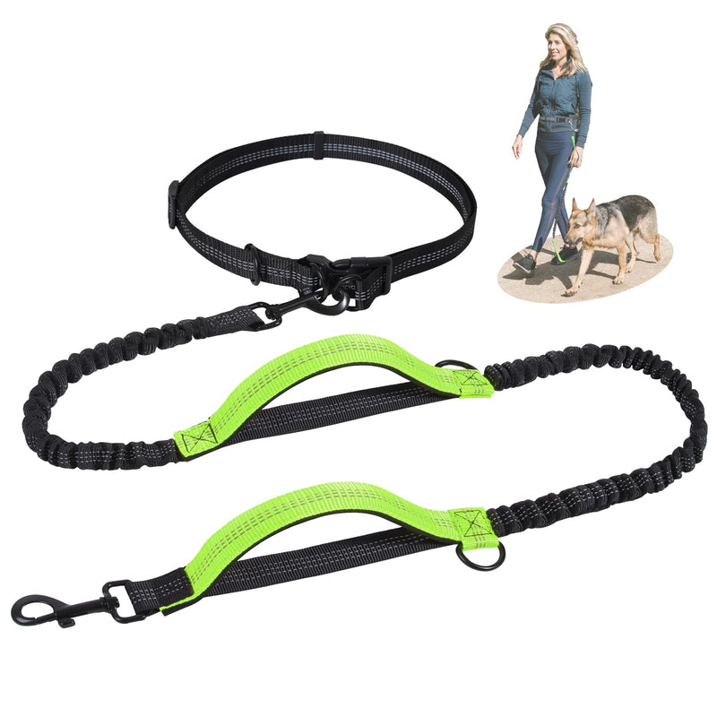 Snocyo jogging leash for dogs, jogging dog leash for medium and large dogs, elastic and reflective dog leash, retractable leash with double handle and waist belt for one dog, black and green - PawsPlanet Australia