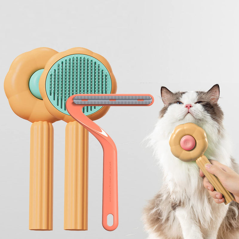 absob pet brushes, self-cleaning cat brush, dog brush for removing loose hair, for cats and dogs with short, medium and long hair (orange) Orange comb + red hair removal brush - PawsPlanet Australia