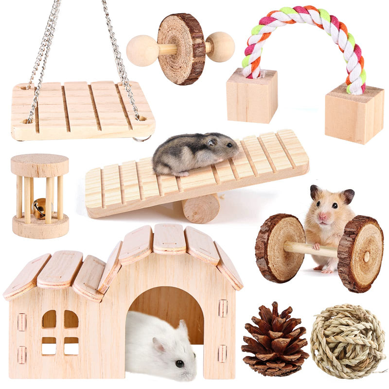 Hamster Chew Toys, Pack of 9 Hamster Toys Natural Pine Wood, Small Animals Chew Toys, Molar Toys Wooden Exercise Bell Roll Toy Accessories for Guinea Pigs Chinchillas Gerbils - PawsPlanet Australia