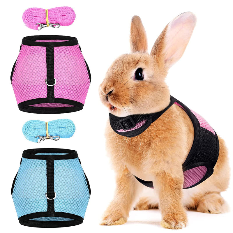 Pack of 2 Adjustable Soft Rabbit Harness, Breathable Rabbit Harness, Mesh Rabbit Harness, for Small Animal Rabbit Hamster Cat Outdoor (M, Blue, Pink) - PawsPlanet Australia