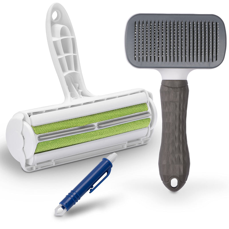 FinoPet set of 3 cat brush, dog brush, XL lint roller and tick tweezers in a promotional set, short and long hair brush with self-cleaning function, animal hair remover, automatic tick removal - PawsPlanet Australia