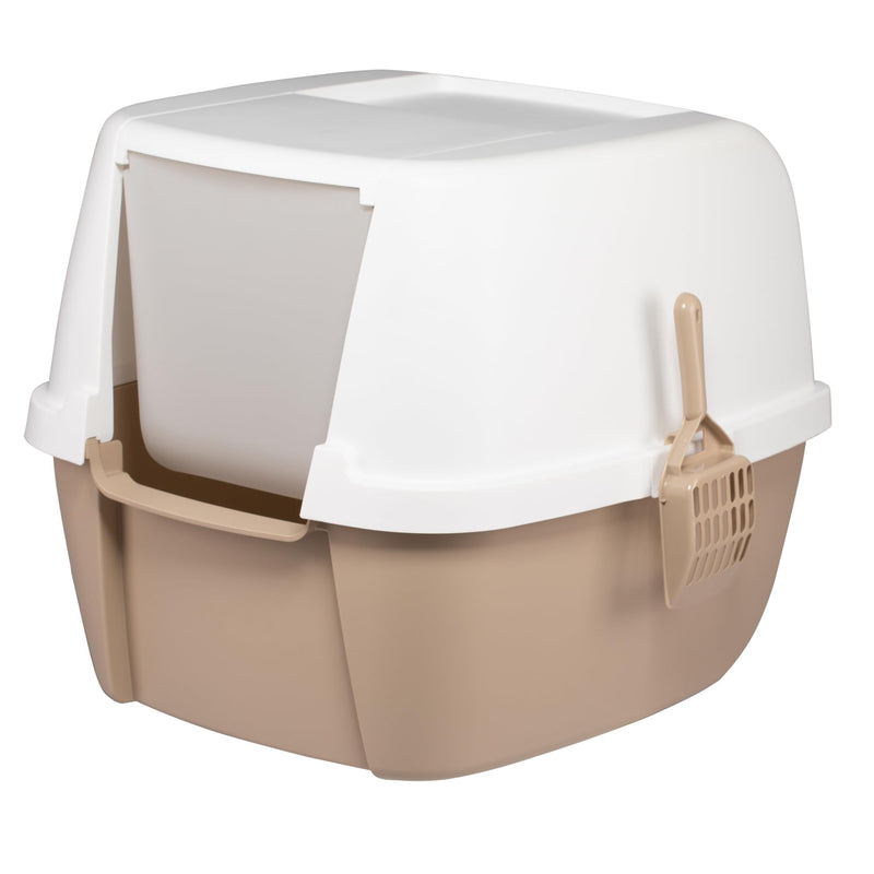 Iris Ohyama, Plastic Litter Box with Scoop, Lid and Folding Door, W53 x D46.5 x H44 cm, Unit, Removable Rim, BPA Free, CLH-17J, For Large Cats, White/Beige - PawsPlanet Australia