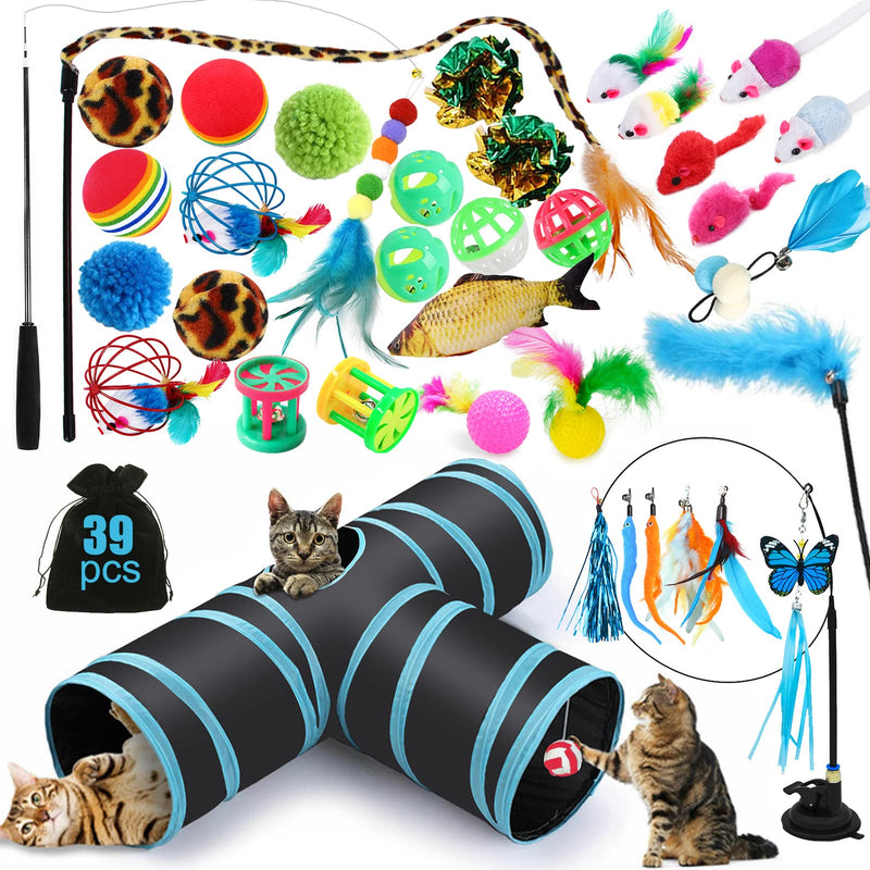JOTOL cat toy set with cat tunnel, 39 pieces cat toys including balls, feather toys for cats, plush toys, toy mice, cat toy variety pack for kitty cats - PawsPlanet Australia