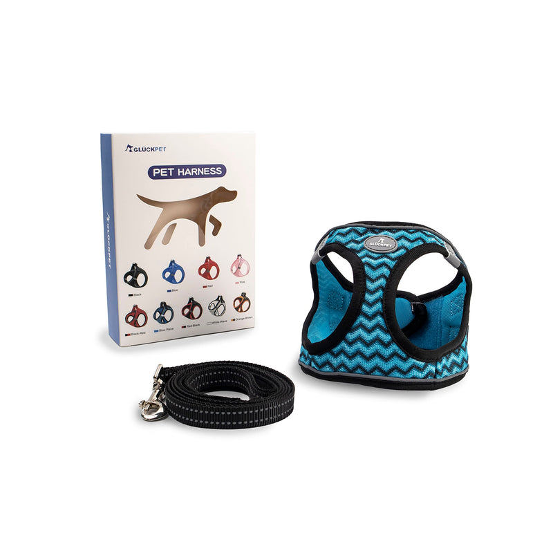 Dog harness for medium and small dogs, with 1.4m dog leash, reflective, breathable, M, black and blue stripes - PawsPlanet Australia
