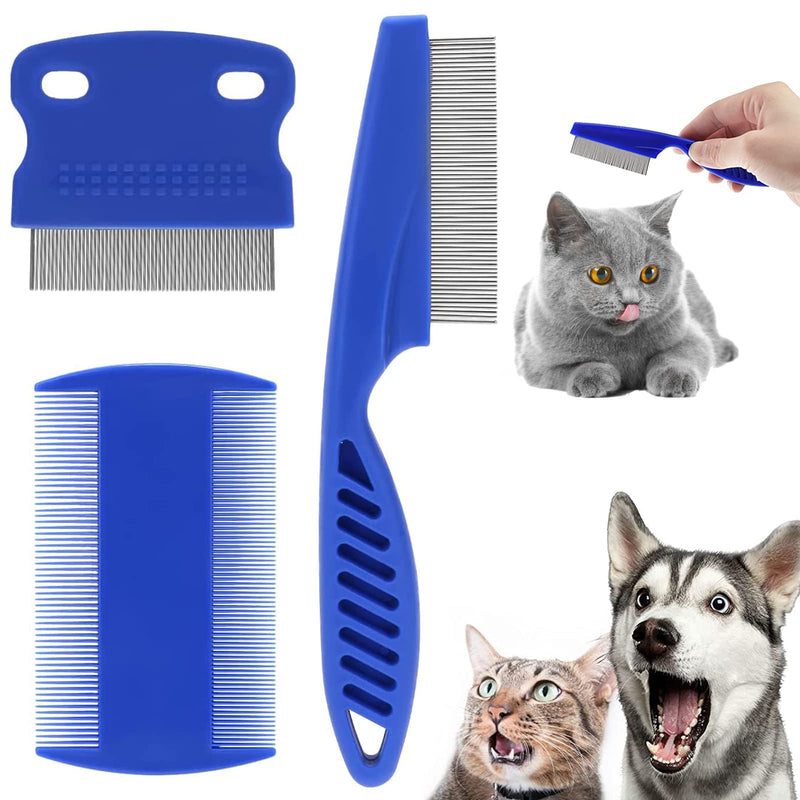Dog Cat Lice Comb, 3 Pieces Pet Grooming Comb, Flea Tear Stain Remover Comb, Stainless Steel Metal Combs for Effective Against Fleas and Lice, Dogs Cats Grooming Tool (Blue) - PawsPlanet Australia