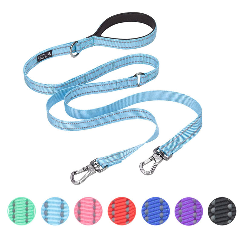 EXCELLENT ELITE SPANKER 5FT Double Leash Reflective Nylon Dog Leash Multiple Dog Leash with Padded Handle for Two Dogs Training Running（Light Blue） 5FT*1'' Light Blue - PawsPlanet Australia