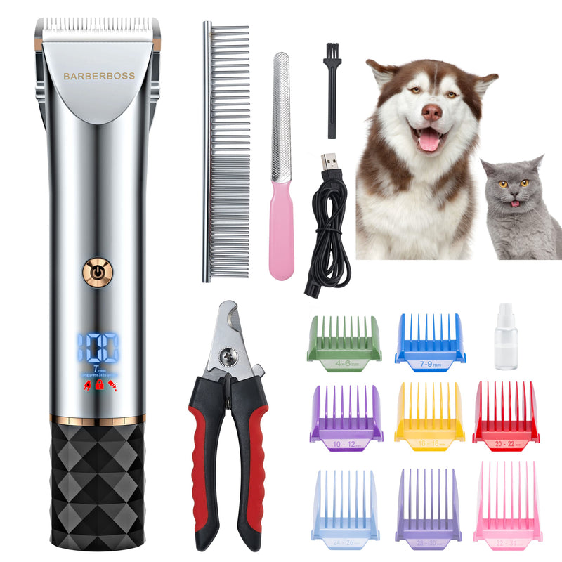 BarberBoss QR-9081 Low Noise Pet Grooming Kit with 2 Speed Settings, Ceramic Blades, USB Charging, LED Display and 8 Comb Attachments - PawsPlanet Australia