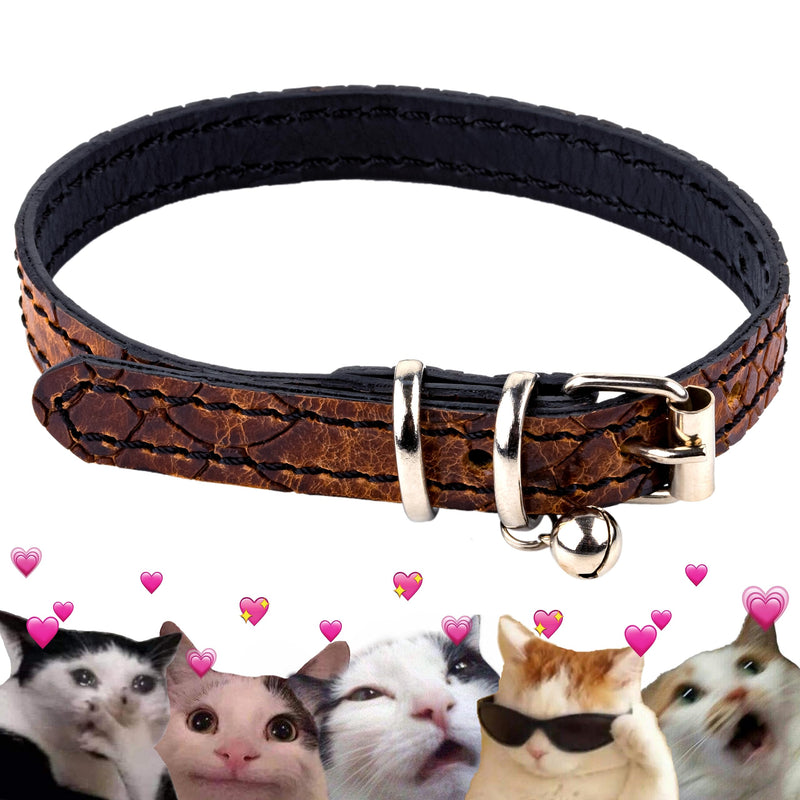 FAVPET Luxury cat collars leather, handmade cat collar with bell, genuine leather cat collar with metal buckle, designer cat collar made of leather, cat collar with bell (brown) brown - PawsPlanet Australia