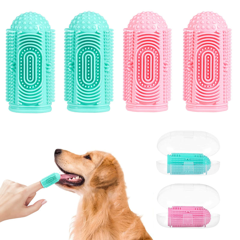 Dog Toothbrush Dog Finger Toothbrush Pack of 4 for Dogs, Cats, Puppies Dental Care & Fresh Breathing, Silicone, Fully Surrounded Bristles, Dog Toothbrush, Reusable with Storage Box 2 Green + 2 Pink - PawsPlanet Australia