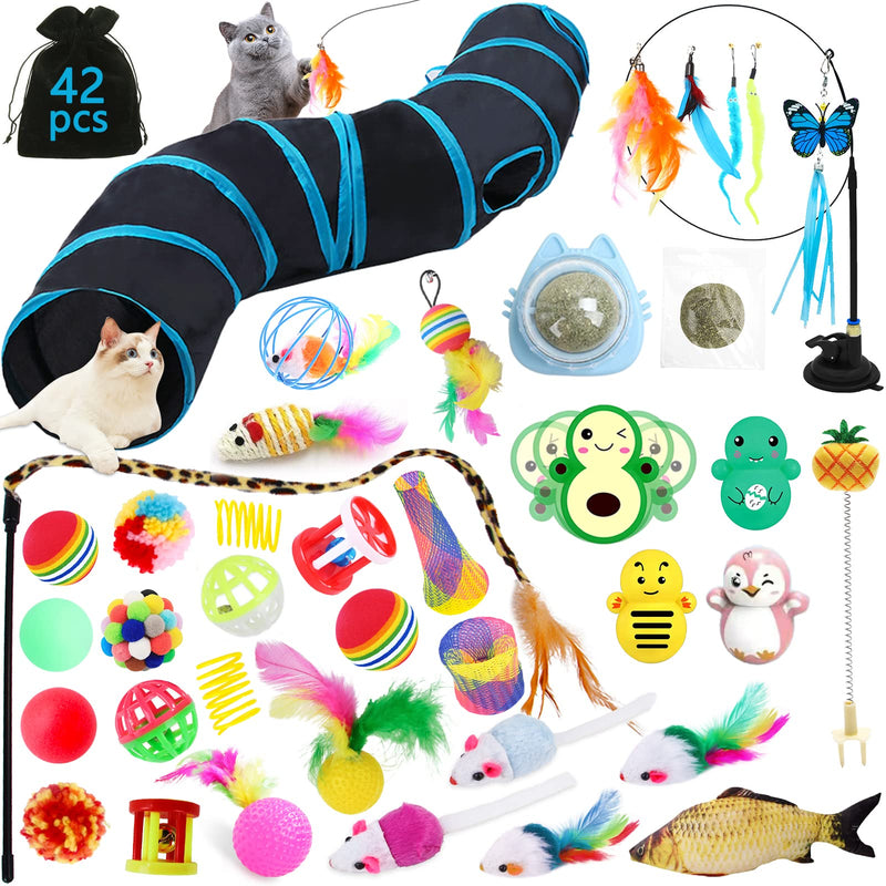 YUTUY Cat toy set with cat tunnel, 42 pieces cat toy set, with balls, feather toys, toy mice, cats, catnip, fish, 2-way cat tunnel (black) - PawsPlanet Australia