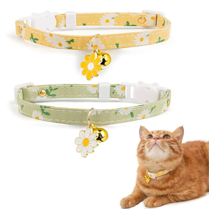 XIXKOLYU 2 Pack Cotton Breakaway Cat Collar with Bell, Yellow & Green Flowers Pendant Cute Cat Collar Kitten Collar, Ideal for Girl Cats Boy Cats Yellow + Green - PawsPlanet Australia