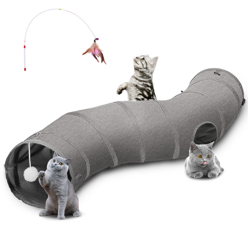 Ownpets Cat Tunnel Made of Durable Oxford Fabric, S-Shaped Foldable Indoor Cat Tunnel, Interactive Viewing Hole Pet Tunnel Tubes with Cat Stick Toy 1-Way L-120CM, Dia-25CM - PawsPlanet Australia