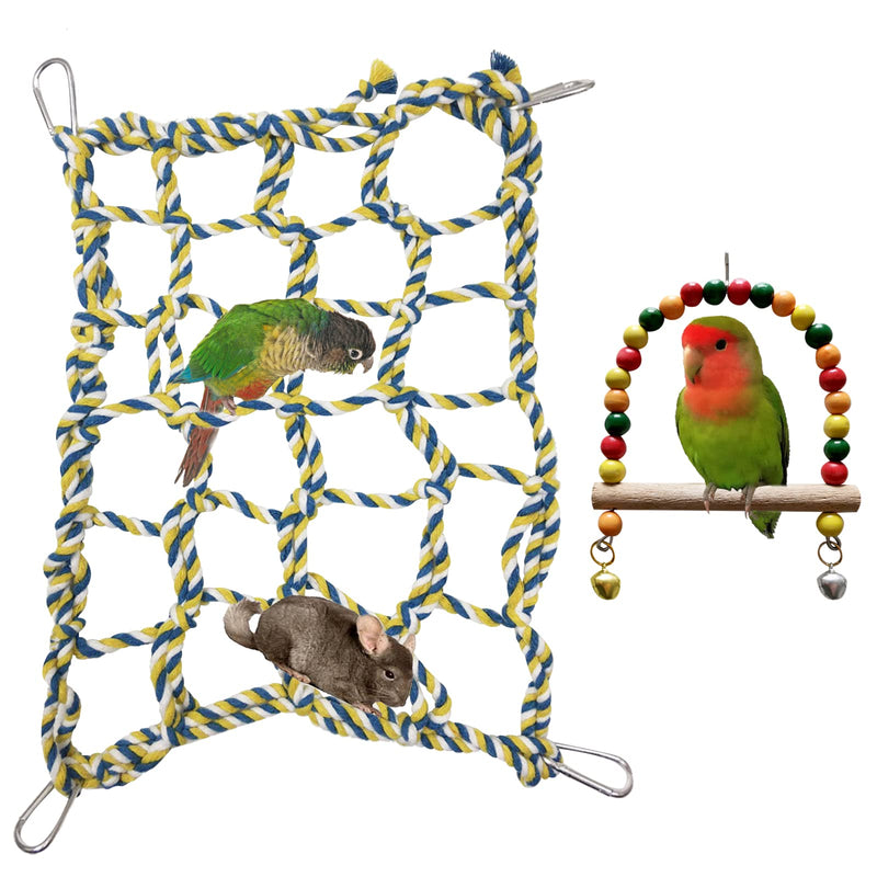 DKDDSSS 2 PCS Bird Rope Climbing Net Set, Small Animal Grid Hammock, Hanging Toy, for Bird, Parrot, Small Animal, Hamster, Squirrel (9.8 * 13.7 Inch, 4 Hooks) - PawsPlanet Australia
